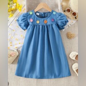 Patpat Girl Blue Faux Denim Dress with Colorful Floral Decorations Puff Sleeves